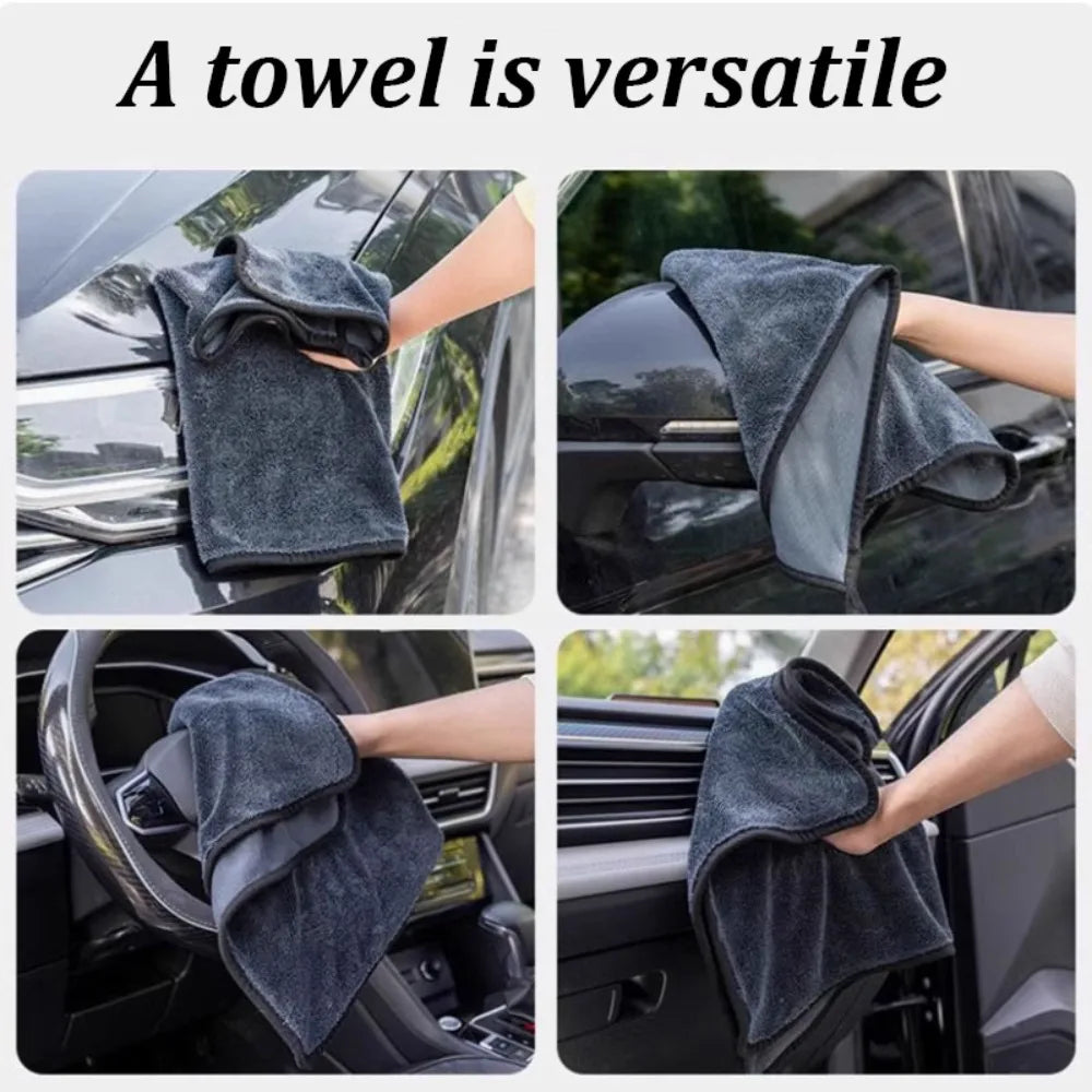 A dark gray microfiber towel is shown being used to dry a car's exterior and interior surfaces.