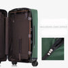 A dark brown and green waterproof suitcase cover with an enclosing long zipper is shown open.