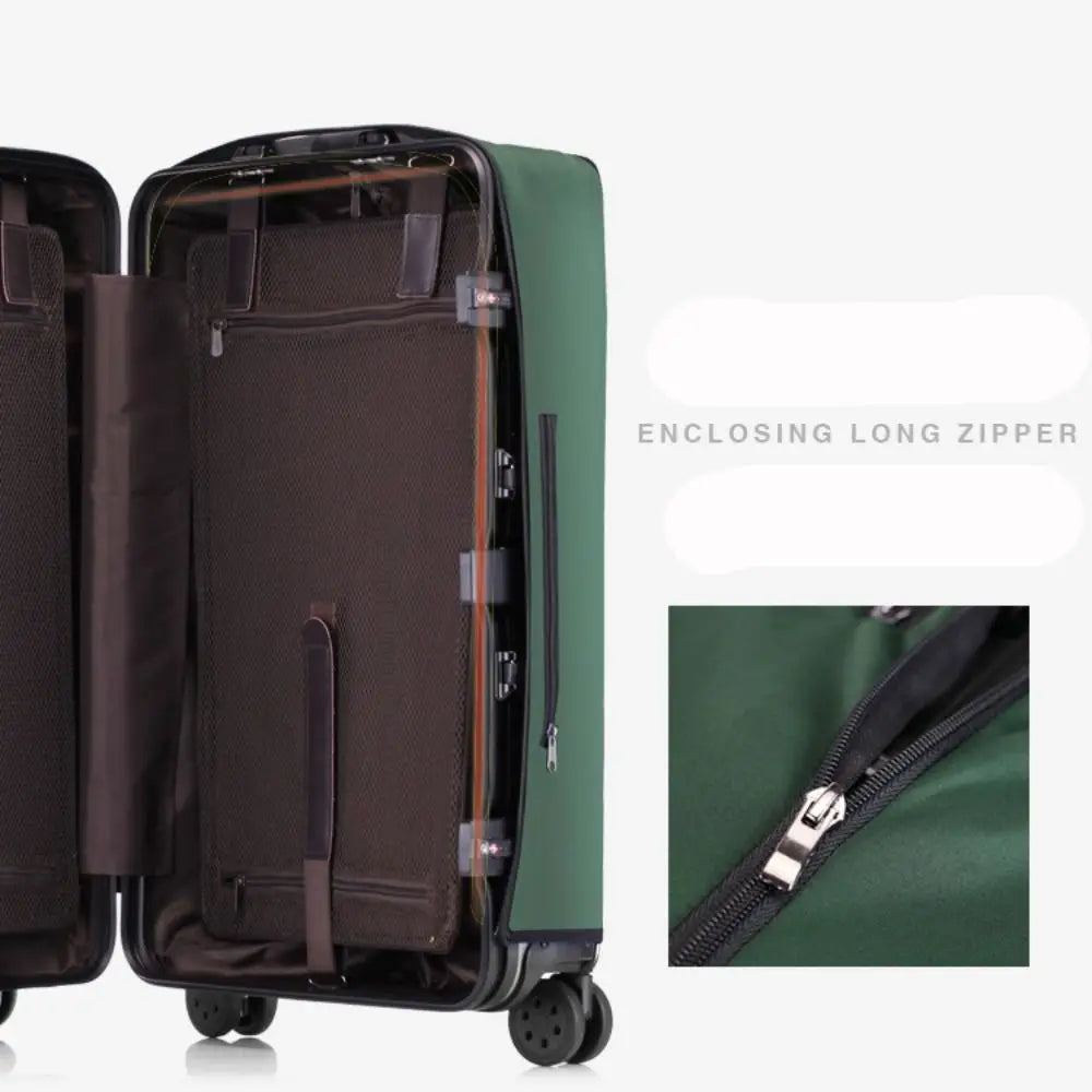 A dark brown and green waterproof suitcase cover with an enclosing long zipper is shown open.