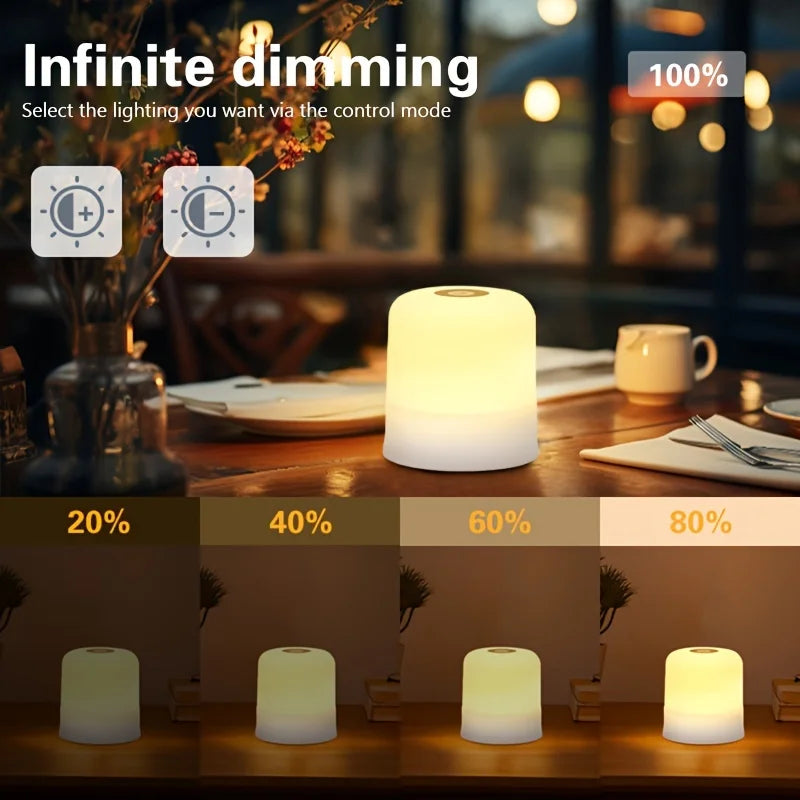 A row of touch-activated LED night lights showing various dimming levels on a wooden table.