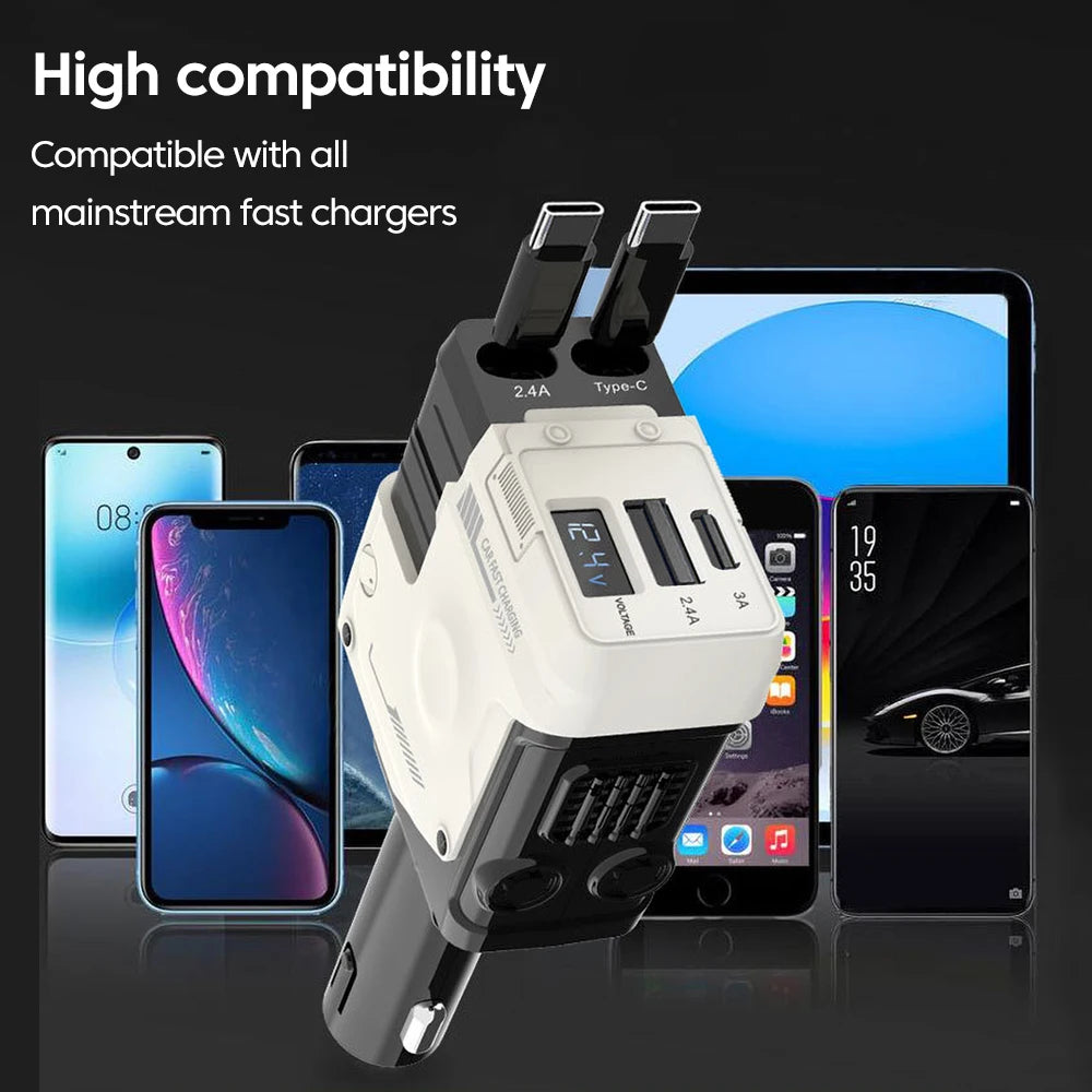 A white 4-in-1 car charger is shown with multiple cables and connectors, next to several smartphones.