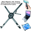 A metal magnetic multi-functional transform holder for cellphones, PCs, and laptops shown in various configurations.