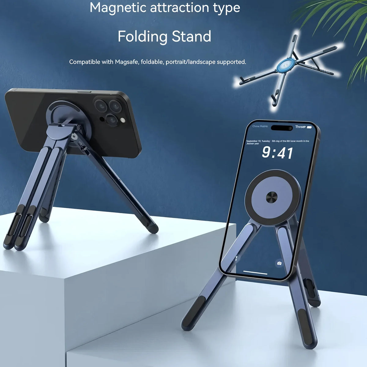 A magnetic folding stand for a smartphone, shown in various angles and with an accompanying tripod design.