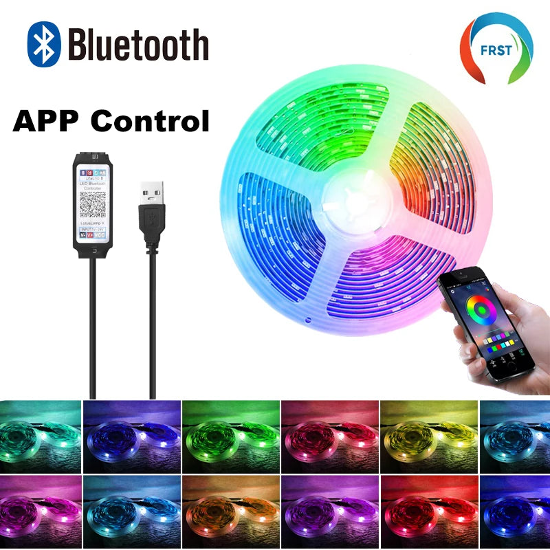 Bluetooth controlled RGB LED strip light illuminating various colors and patterns.