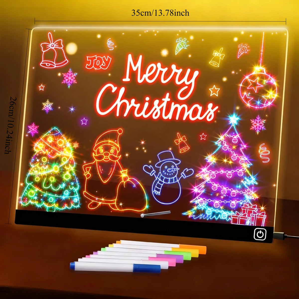 An LED drawing board featuring a Merry Christmas theme with lights and seven pens for kids.