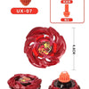 A red metal spinning top battle toy with a launcher and various components shown in different angles.