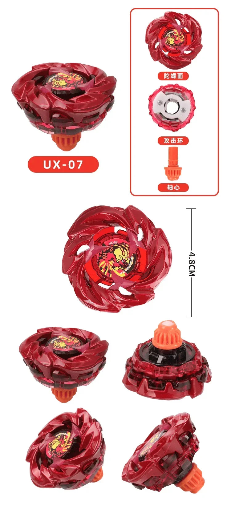A red metal spinning top battle toy with a launcher and various components shown in different angles.