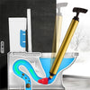 A high-pressure toilet plunger with a pneumatic pump is shown inside a white plastic basin filled with blue water.