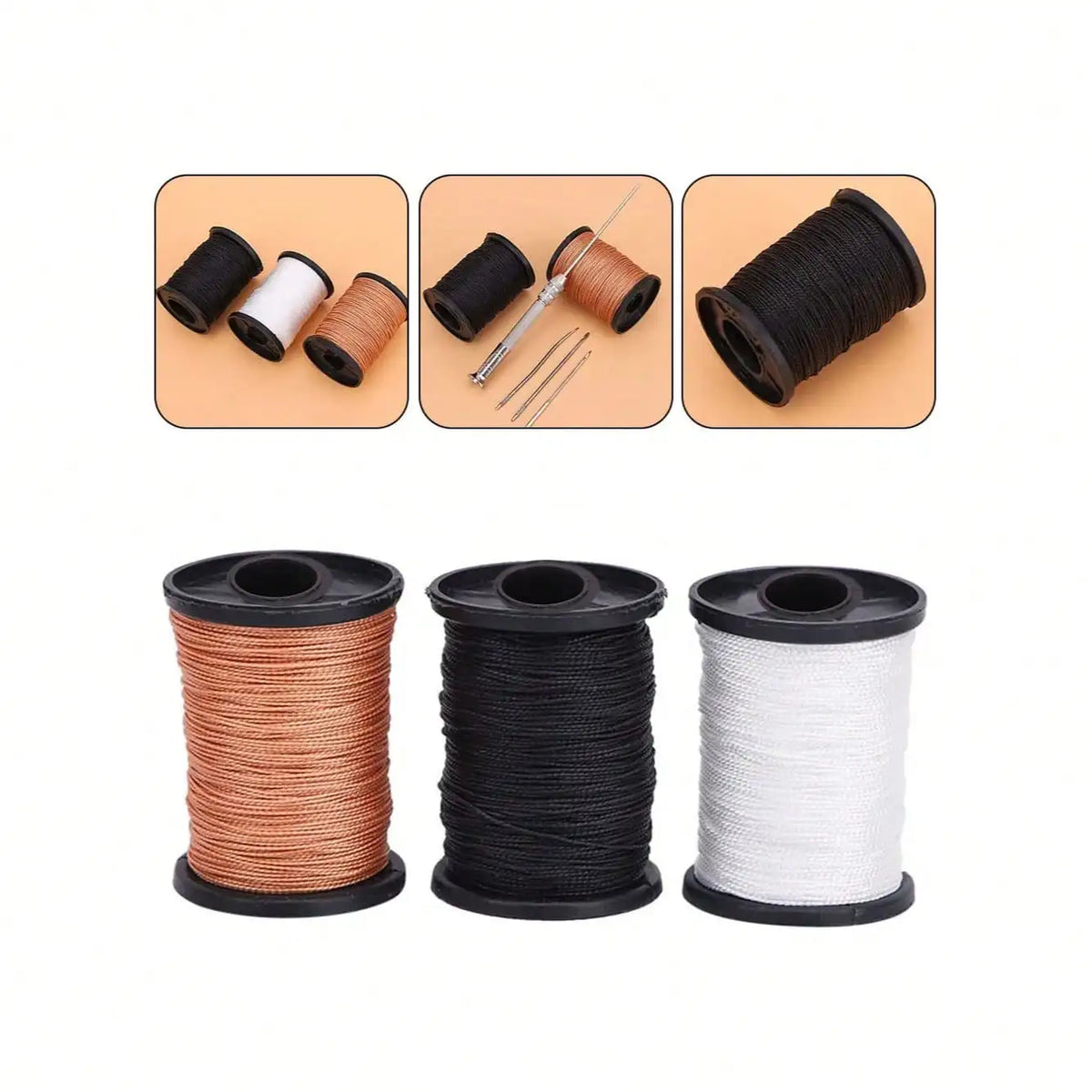 A set of heavy-duty waxed nylon thread spools in black, brown, and white for sewing and repairs.