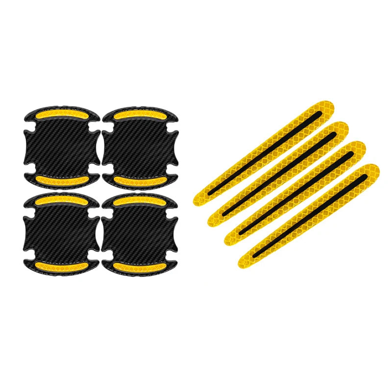 Eight carbon fiber reflective stickers shaped like car door handles in black and yellow