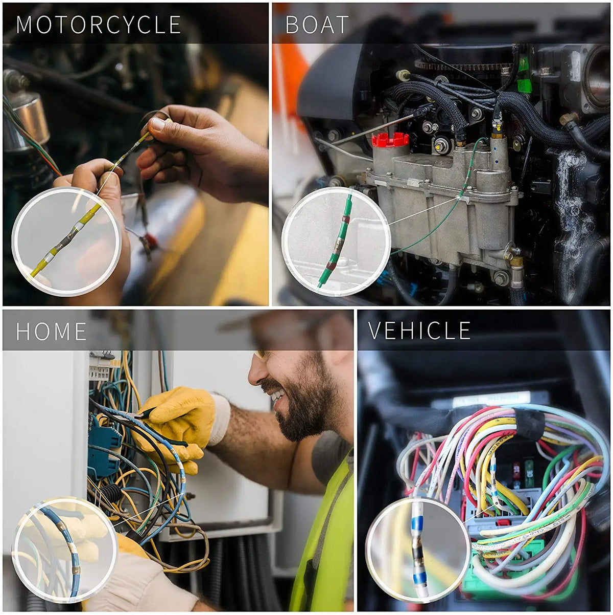 Four panels showing motorcycle, boat, home, and vehicle applications of solder seal wire connectors.