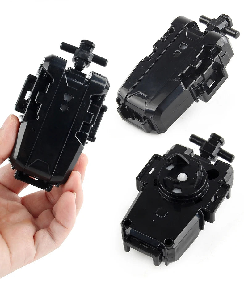 Black BX Bey Series Ripcord Launcher device shown in various angles and held in a hand.
