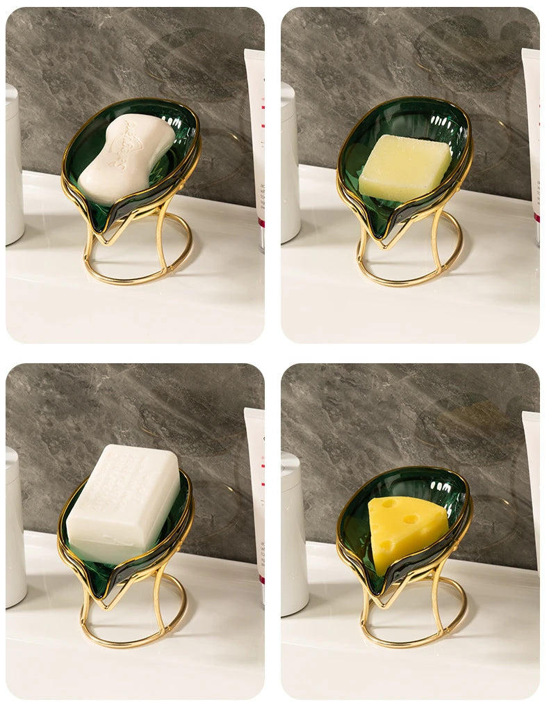 Leaf-Shape Self-Draining Soap Dish with Metal Bracket