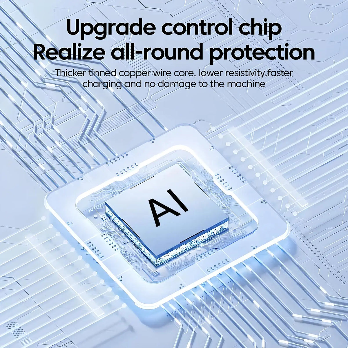 A close-up view of a silicon control chip on a circuit board with glowing blue lines, illustrating an upgrade for all-round p