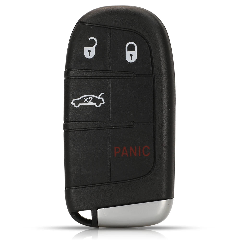 Black replacement key fob shell for Jeep, Dodge, Chrysler, and Fiat vehicles with lock and panic buttons