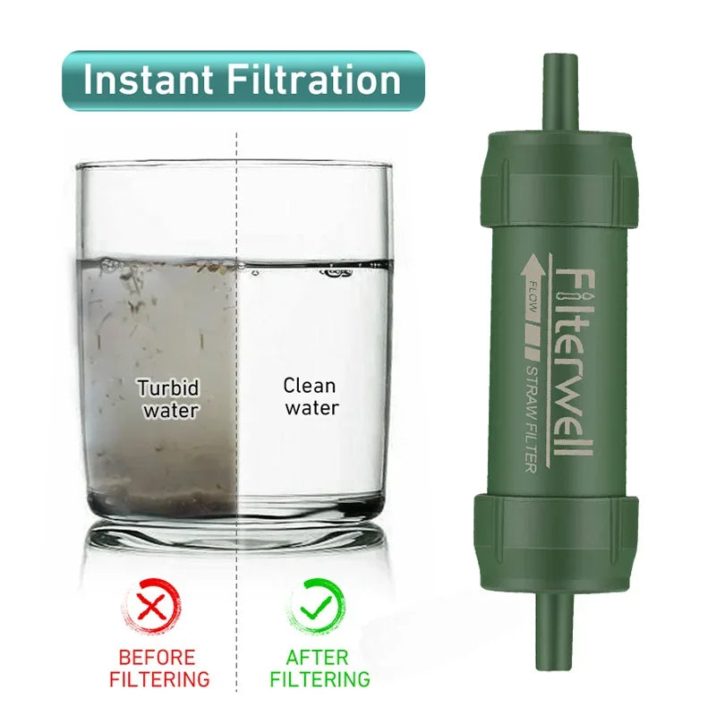A green portable mini water filter straw next to a glass demonstrating instant filtration of turbid and clean water.