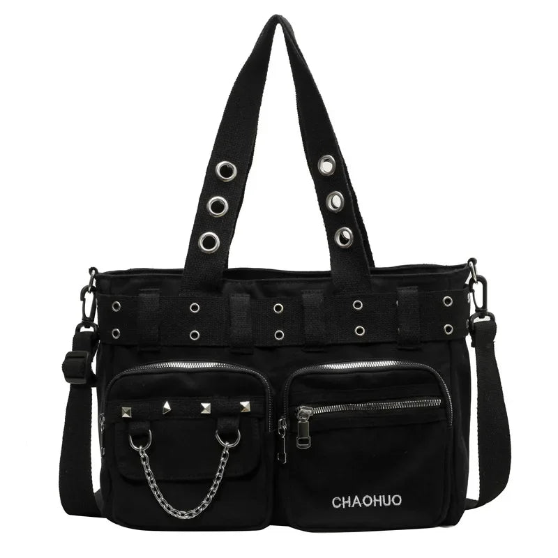 Black nylon shoulder bag with chain accents and multiple zippered pockets