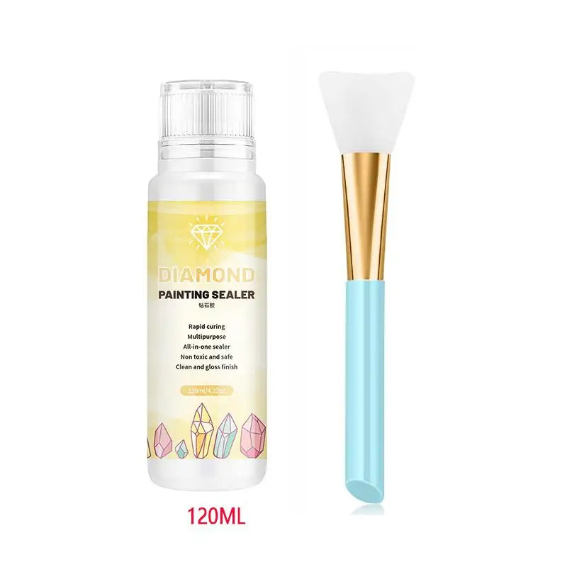 A bottle of Diamond Painting Sealer with a clear liquid and a white brush applicator.