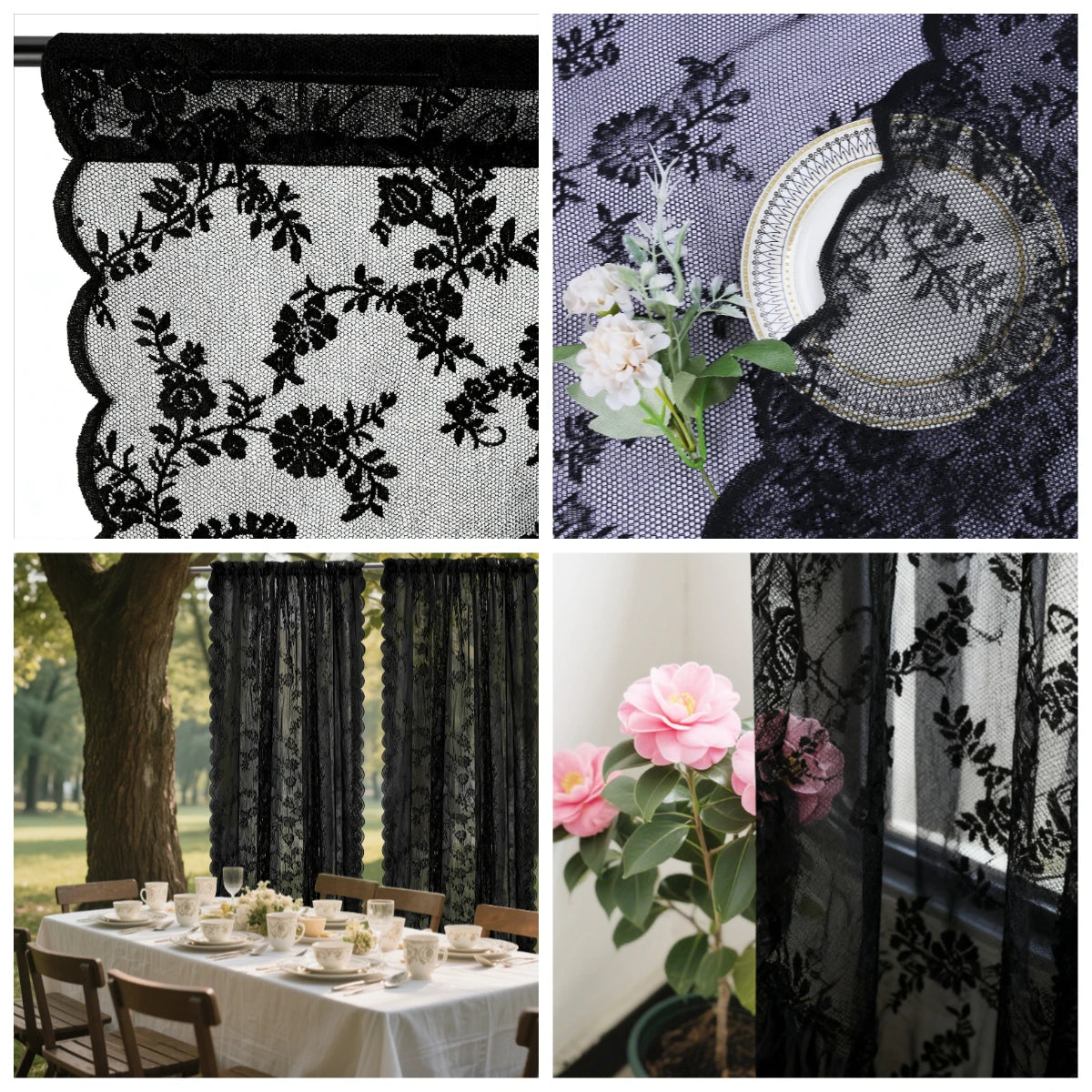 Two panels of vintage floral lace sheer curtains featuring black and white patterns.