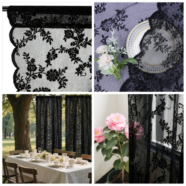 Two panels of vintage floral lace sheer curtains featuring black and white patterns.