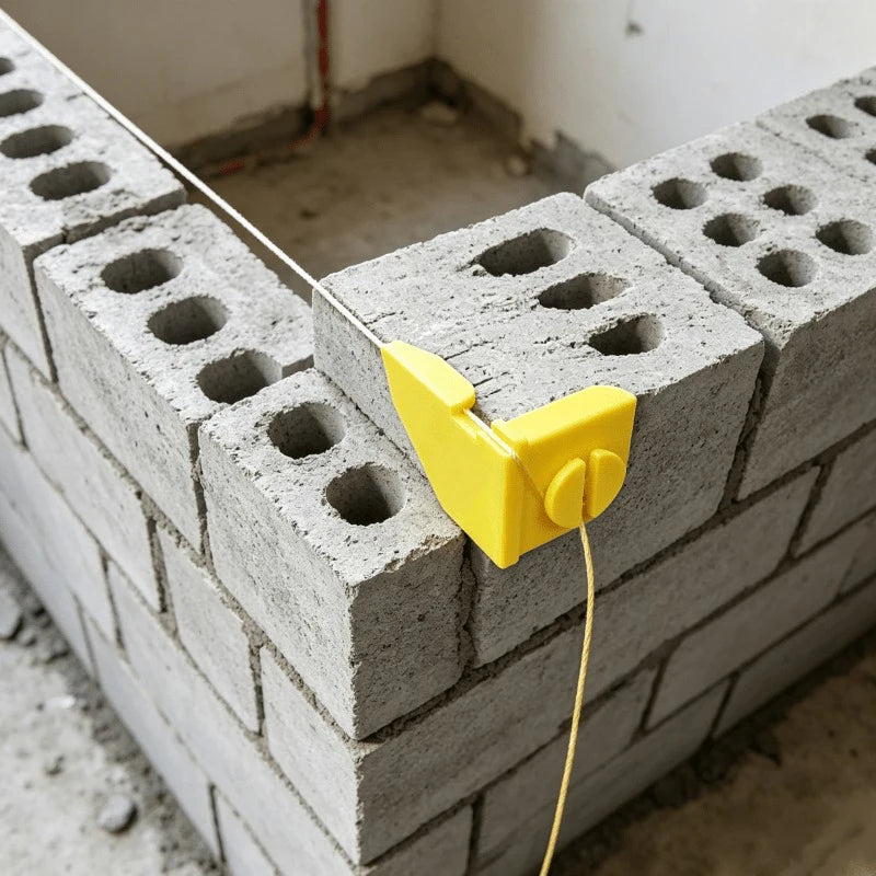 A yellow masonry line corner clip is attached to a gray concrete block forming a wall structure.