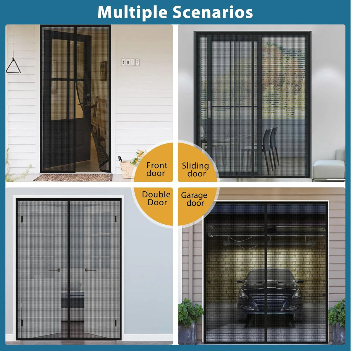 Multiple scenarios showing different types of magnetic screen doors including front, sliding, and double glass doors