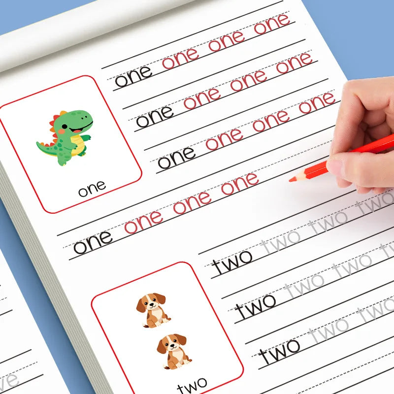 A close-up of a handwriting practice workbook showing tracing lines for numbers and letters.