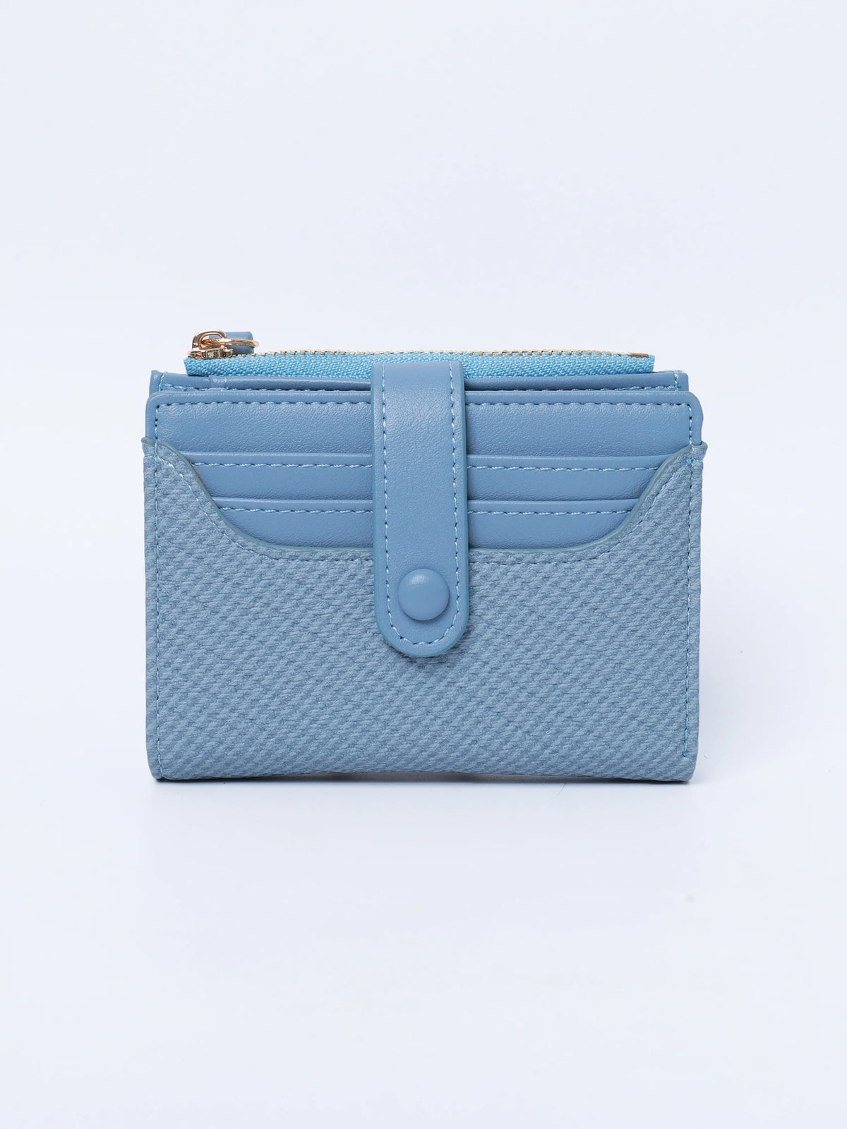 A light blue bi-fold wallet made of textured PU leather with a flap closure.