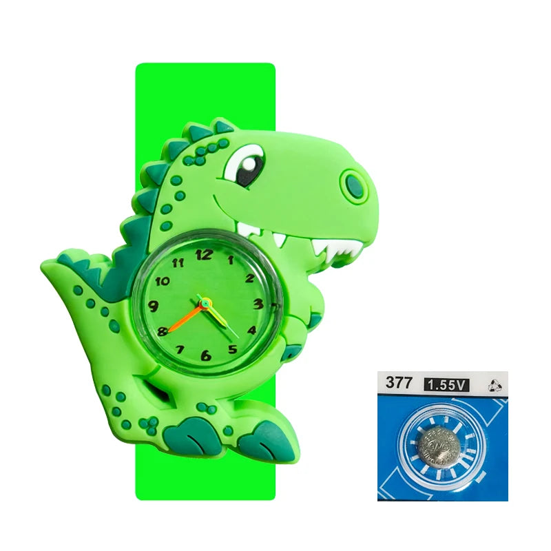 A bright green dinosaur-shaped digital watch with a silicone band is displayed against a green background.