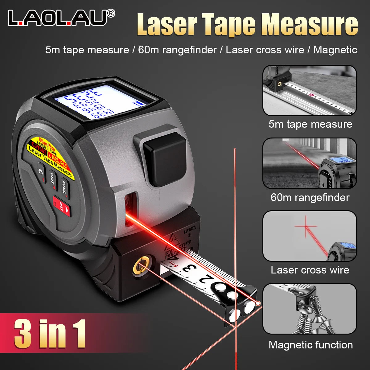 3-in-1 Laser Distance Measurer with Tape Measure and Cross-Line Level