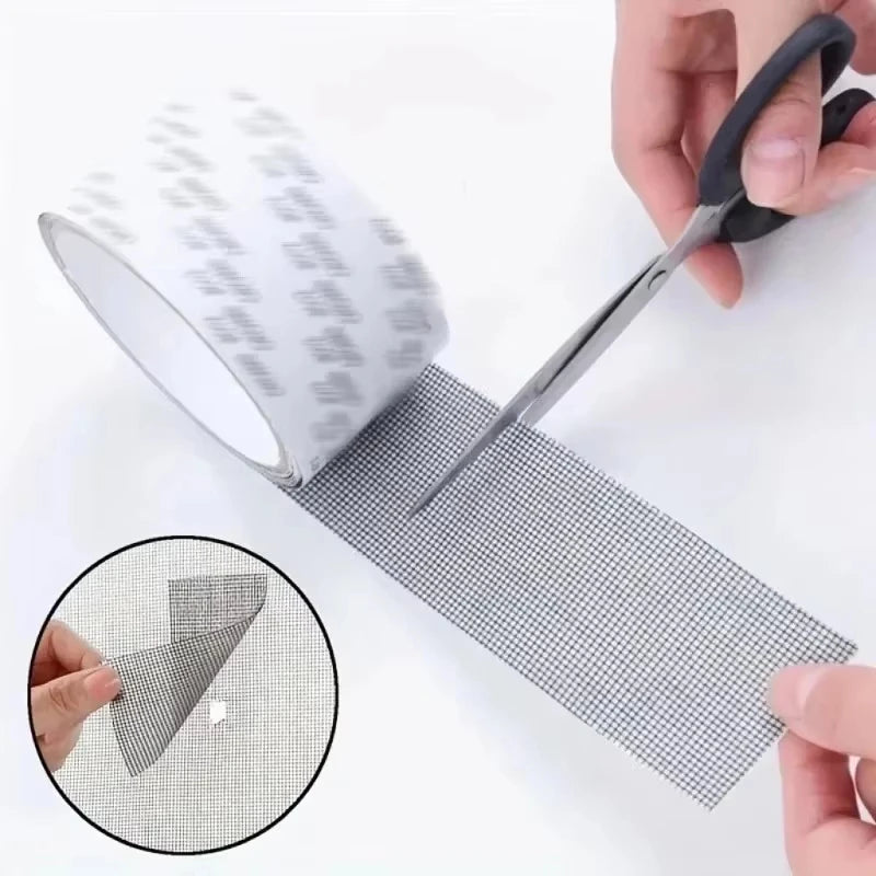 A hand uses scissors to cut a piece of self-adhesive window screen repair tape for patching mosquito mesh.