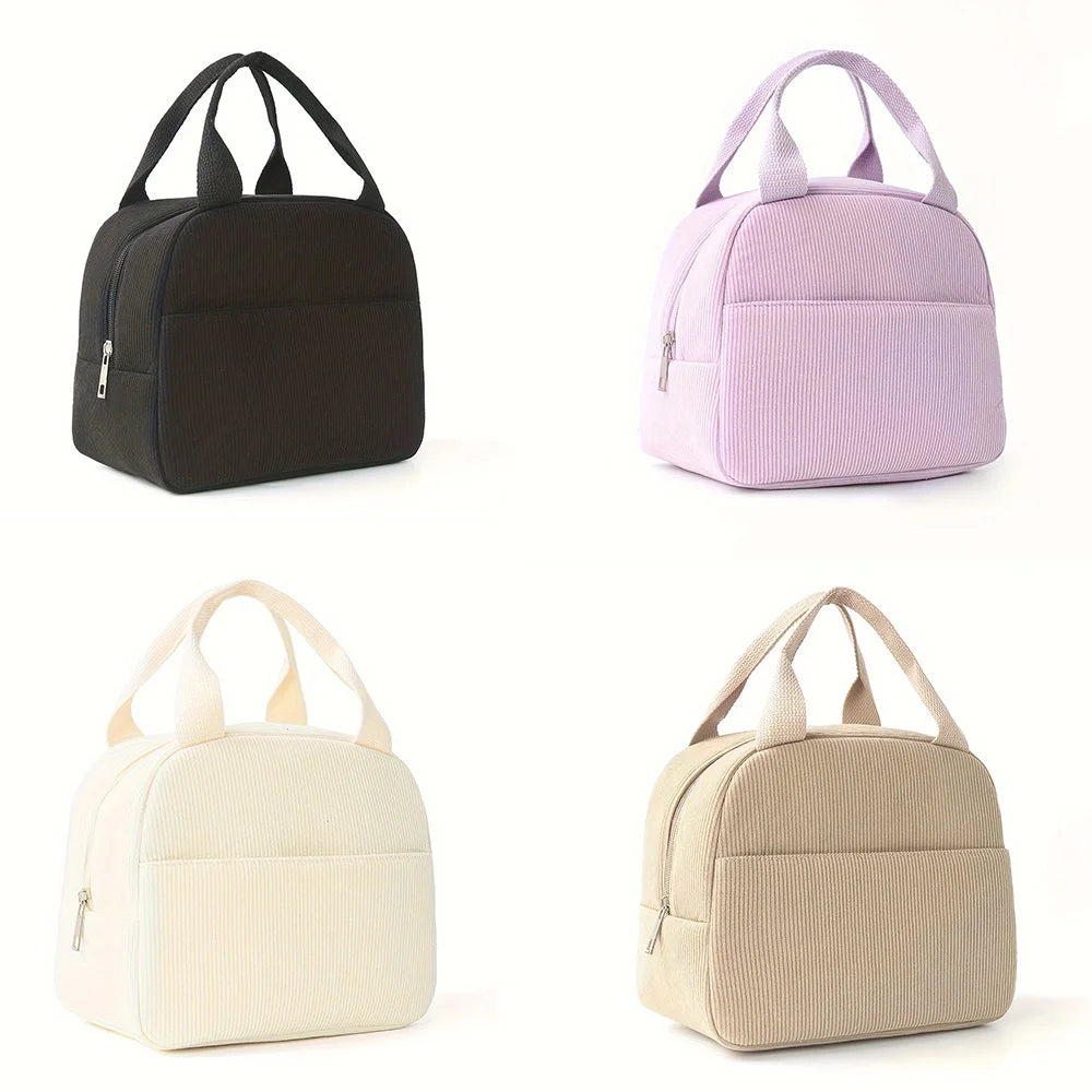 Three insulated corduroy lunch bags in black, pink, and beige shown from the front.