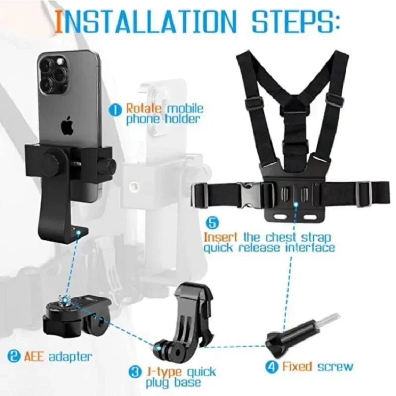 Adjustable Chest Strap Phone Clip Holder for Action Cameras and Smartphones
