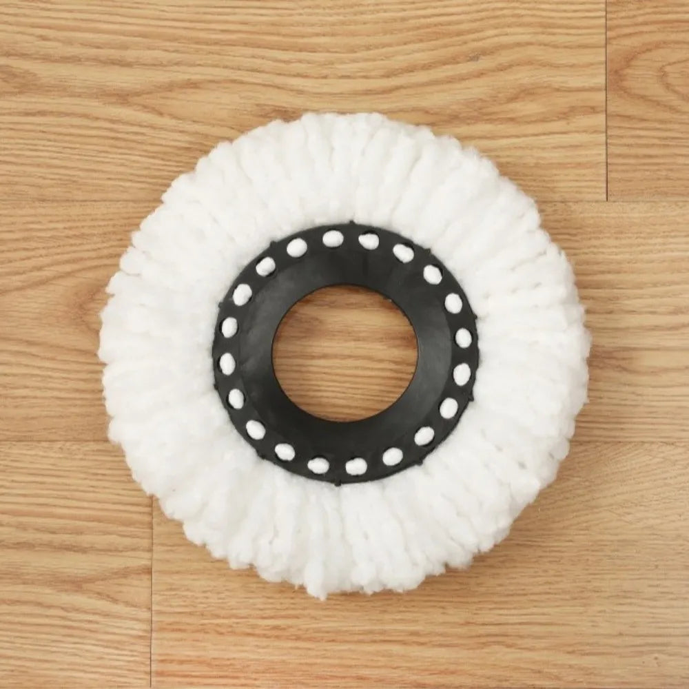 White microfiber spin mop replacement head with a black ring and dots