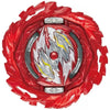 A red battle spinning top with metal construction featuring a silver and white central design.