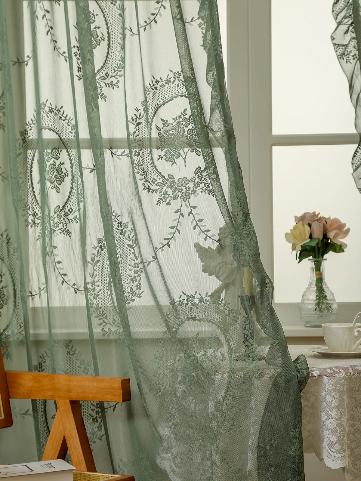 Green Lace Curtains 84 Inches Long, Boho Sheer Florals with Scallop Ruffle