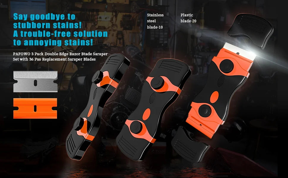 A set of three PAFLOW 3 double-edge razor scraper blades for removing stubborn stains and adhesives.