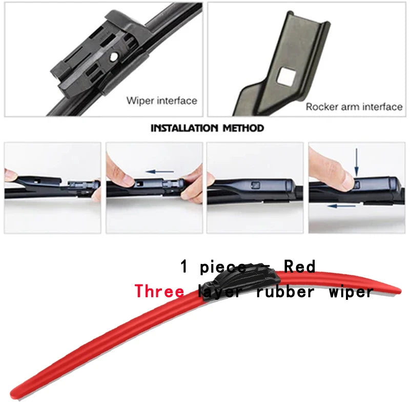 A red three-layer rubber wiper blade for installation on a rocker arm interface.
