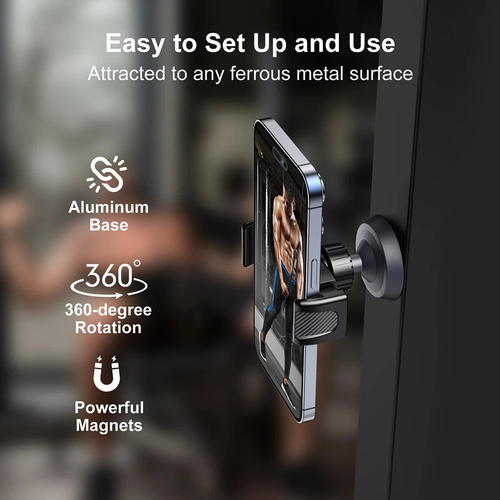 A magnetic phone holder with an aluminum base and 360-degree rotation mounted on a dark surface.