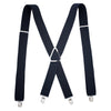 A pair of navy blue classic X-back adjustable suspenders with metal clips.