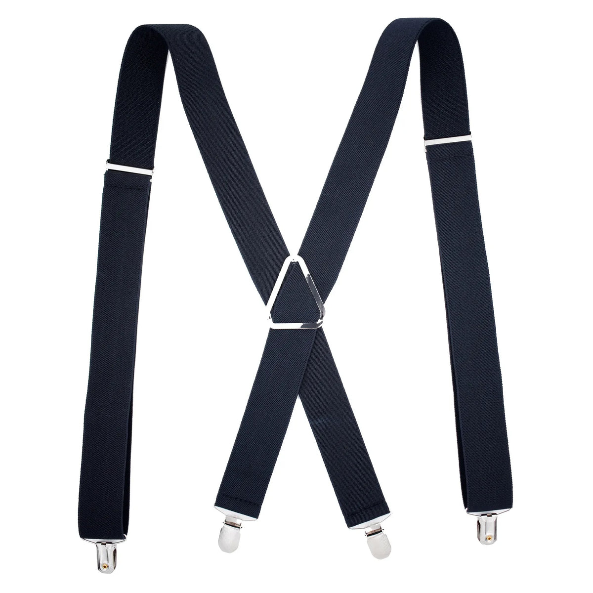 A pair of navy blue classic X-back adjustable suspenders with metal clips.