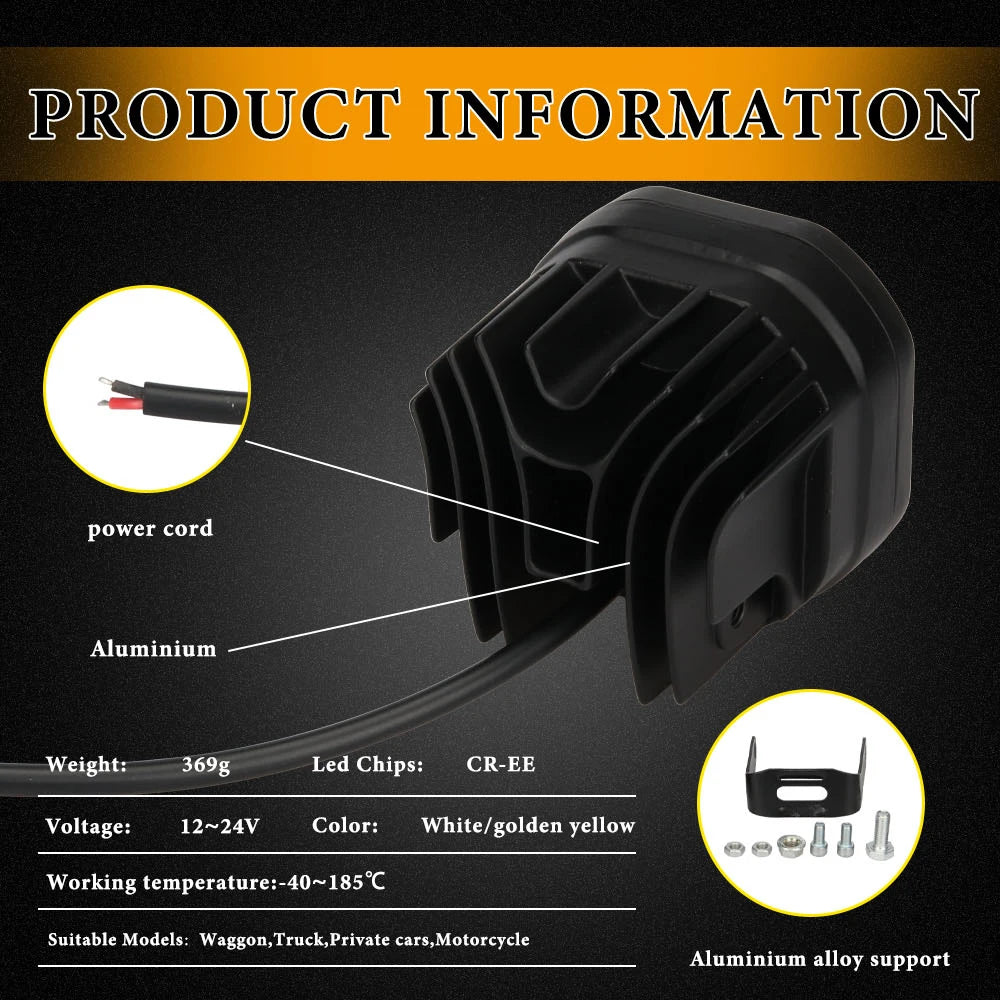 A black aluminum alloy LED light fixture with a power cord and various mounting hardware.