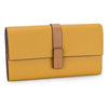A tan cowhide leather bifold wallet with a brown leather strap and card slots.