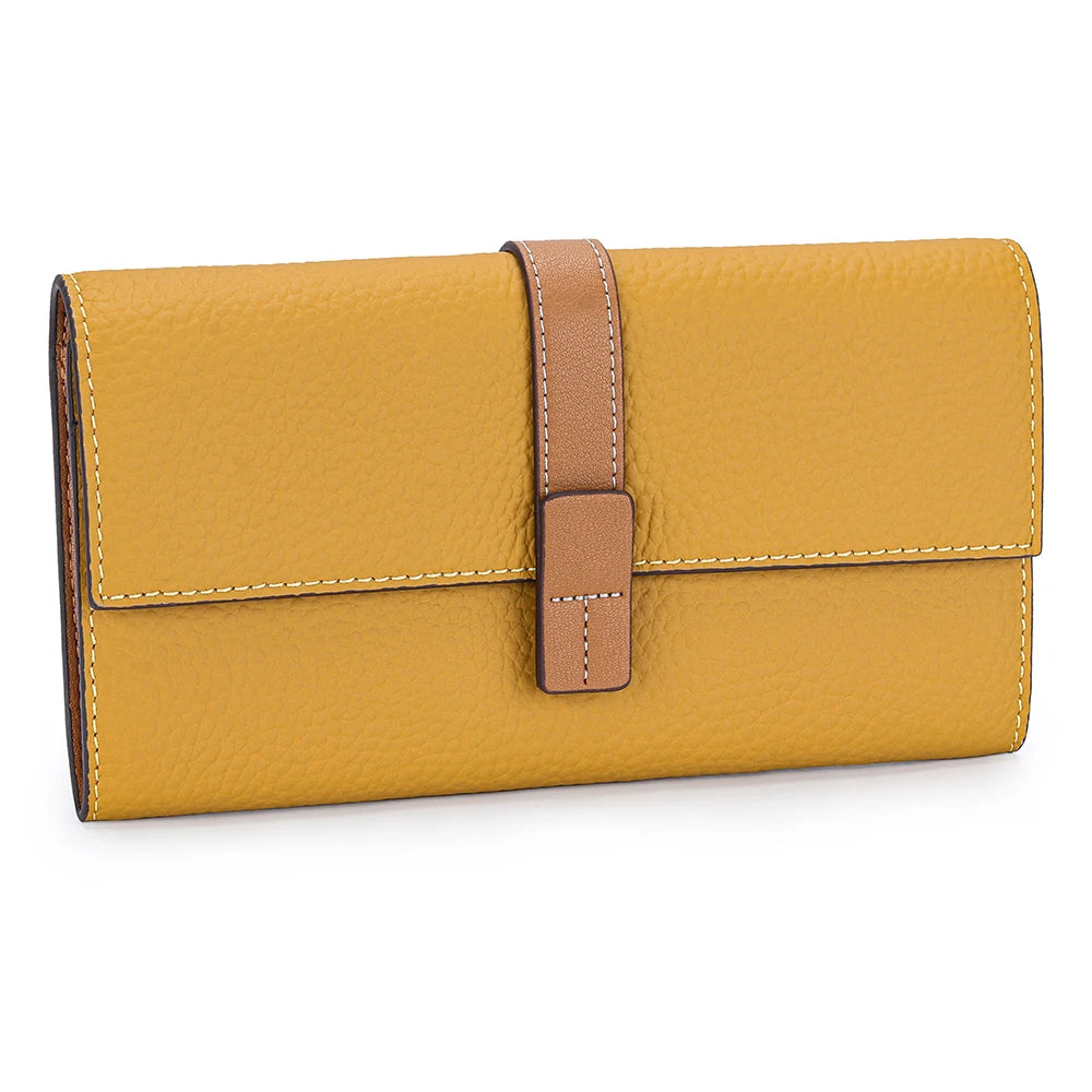 A tan cowhide leather bifold wallet with a brown leather strap and card slots.