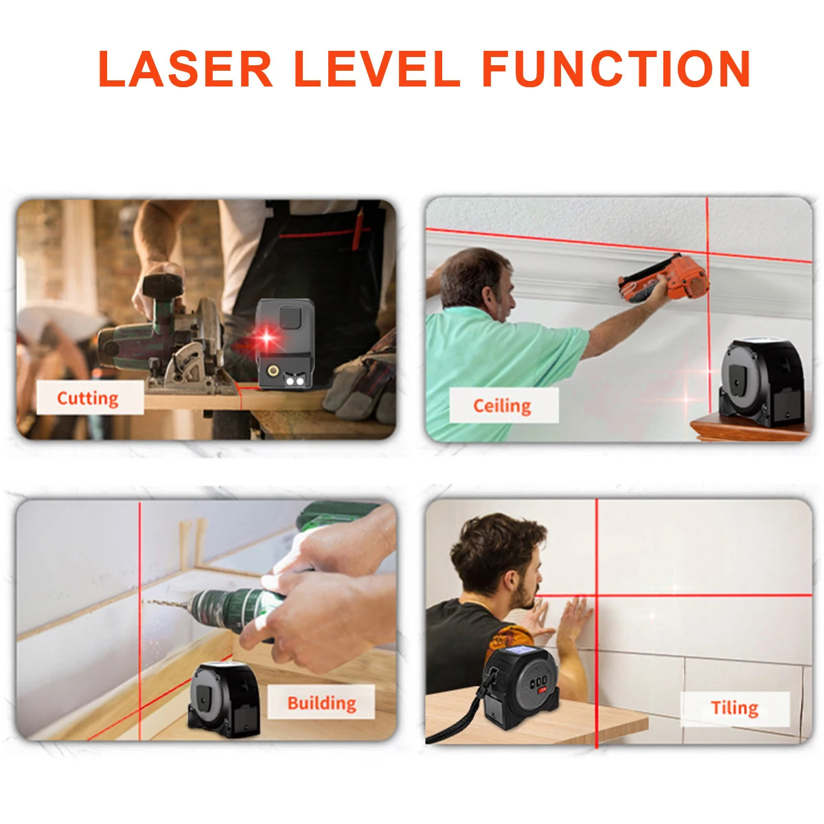 3-in-1 Laser Distance Measurer with Tape Measure and Cross-Line Level