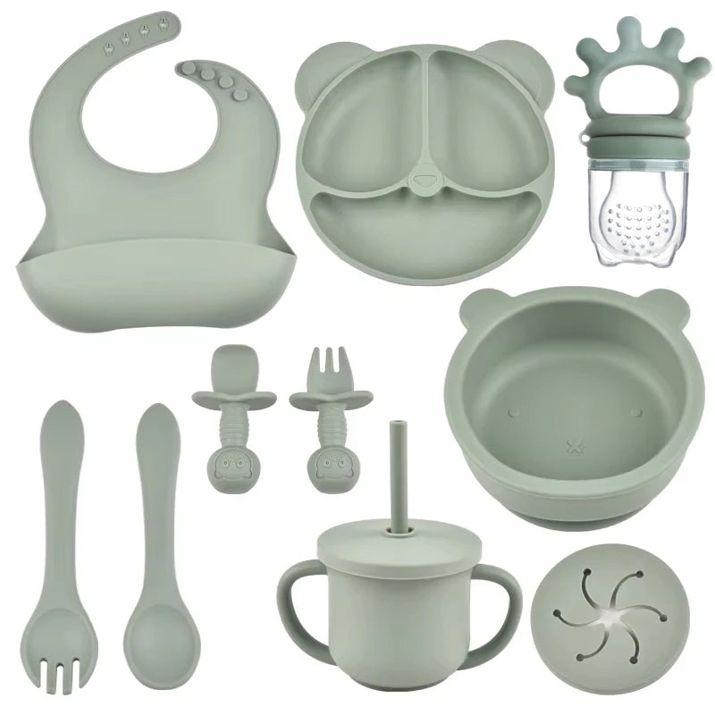 Complete Silicone Baby Feeding Set with Suction Bowl, Plate, Utensils & Bib