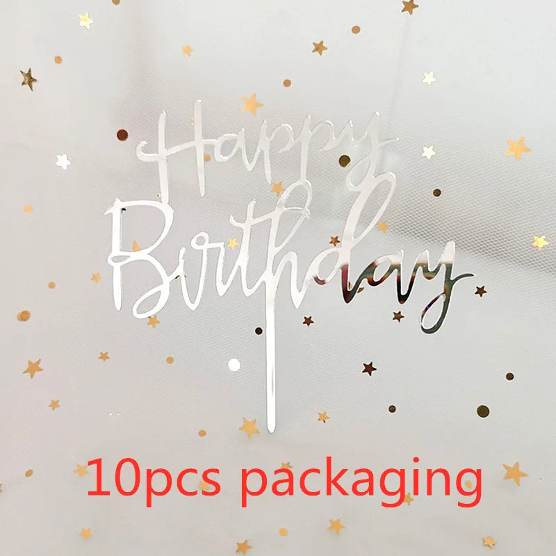 Gold Acrylic Happy Birthday Cake Toppers (Set of 10)