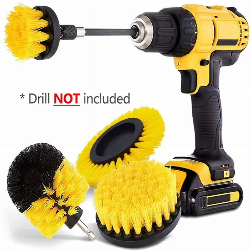 A yellow and black 3-piece power scrubber brush kit for cordless drills, including a main brush and two smaller brushes.