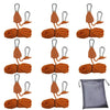 Eight camping rope tensioners with pulley buckles in orange and brown, packaged in a gray pouch.
