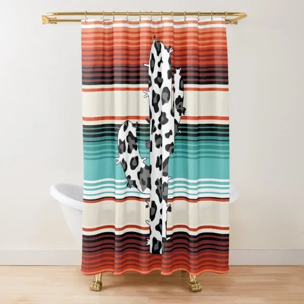 A leopard print shower curtain hanging from a gold rod against a striped background.